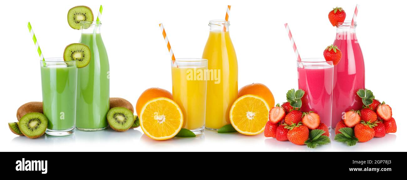 Bevande fresche a base di succo di frutta frullati in vetro e bottiglia isolati su sfondo bianco Foto Stock