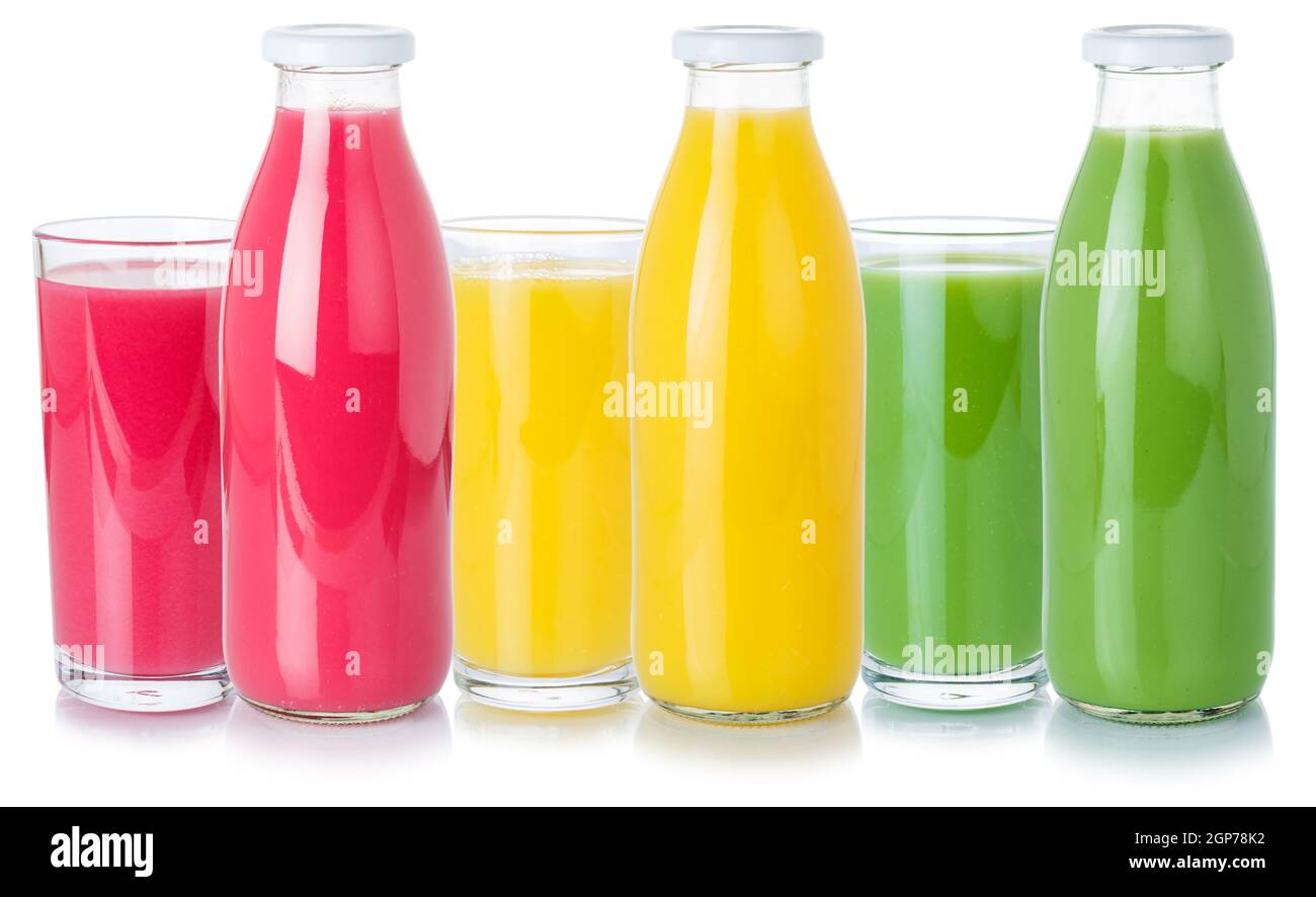 Succo di frutta bevande frullato arancione bottiglia di bevanda e bicchiere isolato su sfondo bianco Foto Stock