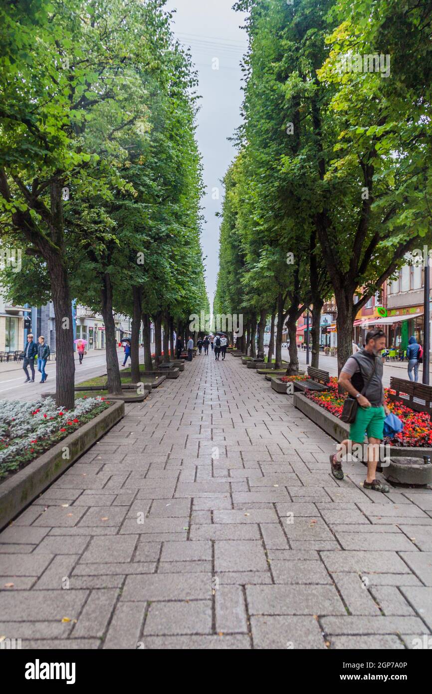 KAUNAS, LITUANIA - 16 AGOSTO 2016: La gente cammina lungo Laisves aleja strada a Kaunas, Lituania Foto Stock