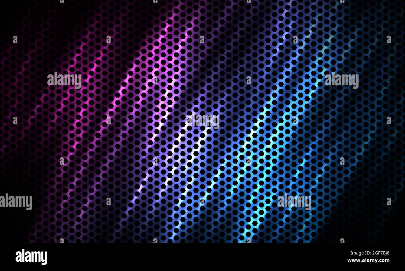 Esagonale scuro TECH sfondo sportivo colorato con fibra di carbonio. Tecnologia sfondo vettoriale astratto a nido d'ape con colore blu e rosa brillante Illustrazione Vettoriale