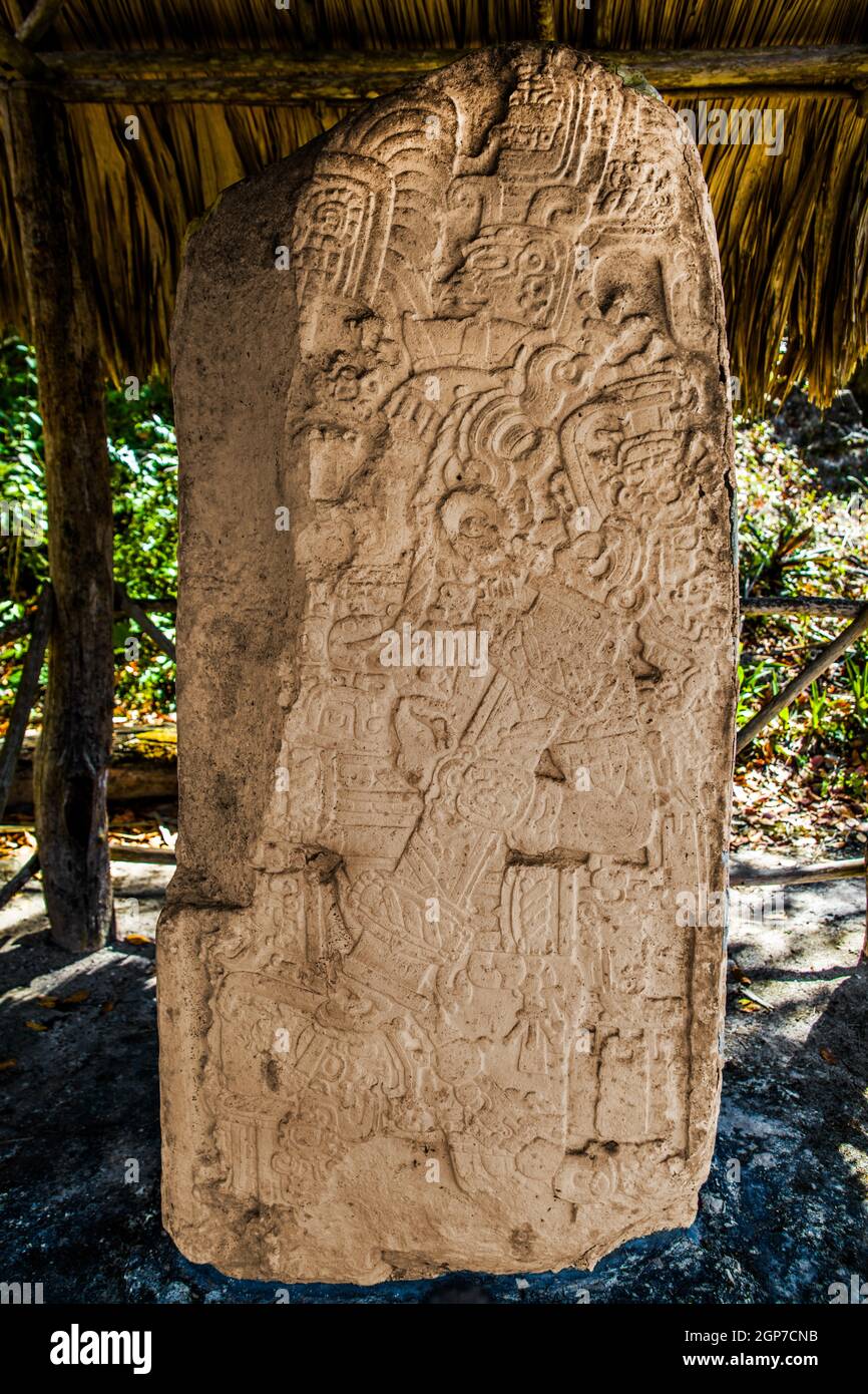 Stele al Nord Acropoli, città rovina maya, Tikal, Guatemala Foto Stock
