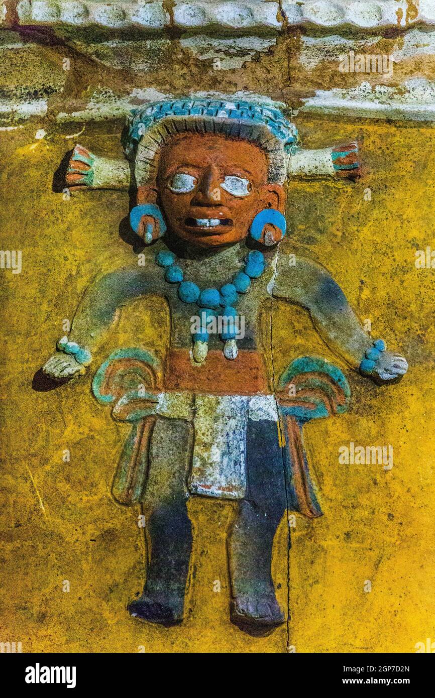 Urna di sepoltura con Dio di mais, dettaglio, Museo di Popol Vuh, Città del Guatemala, Città del Guatemala, Guatemala Foto Stock