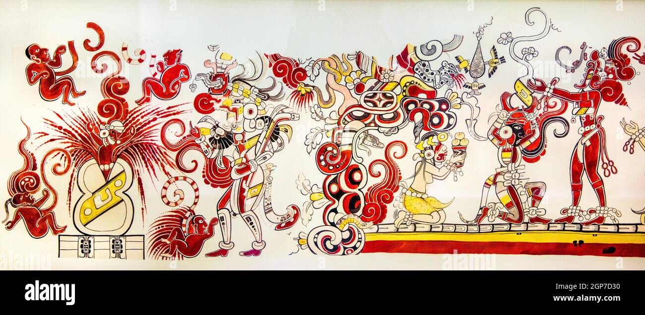Murale multicolore con scene mitologiche, ricostruzione, scavi Maya precolombiani di San Bartolo, Museo Popol Vuh, Città del Guatemala Foto Stock