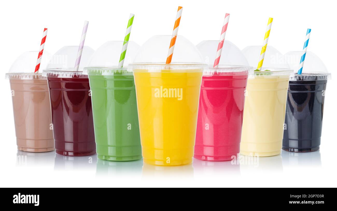 Raccolta di succhi di frutta frullati frutta spremute d'arancia spremute di paglia bevande in tazze isolate su sfondo bianco Foto Stock