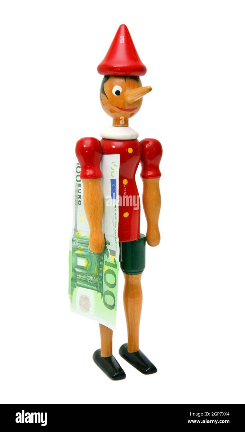 Pinocchio con 100 euro isolati su sfondo bianco Foto Stock