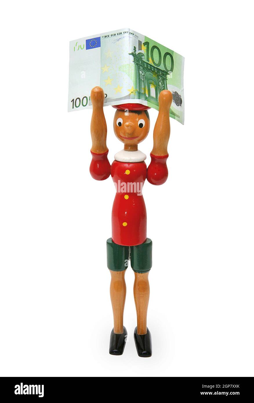 Pinocchio con 100 euro isolati su sfondo bianco Foto Stock