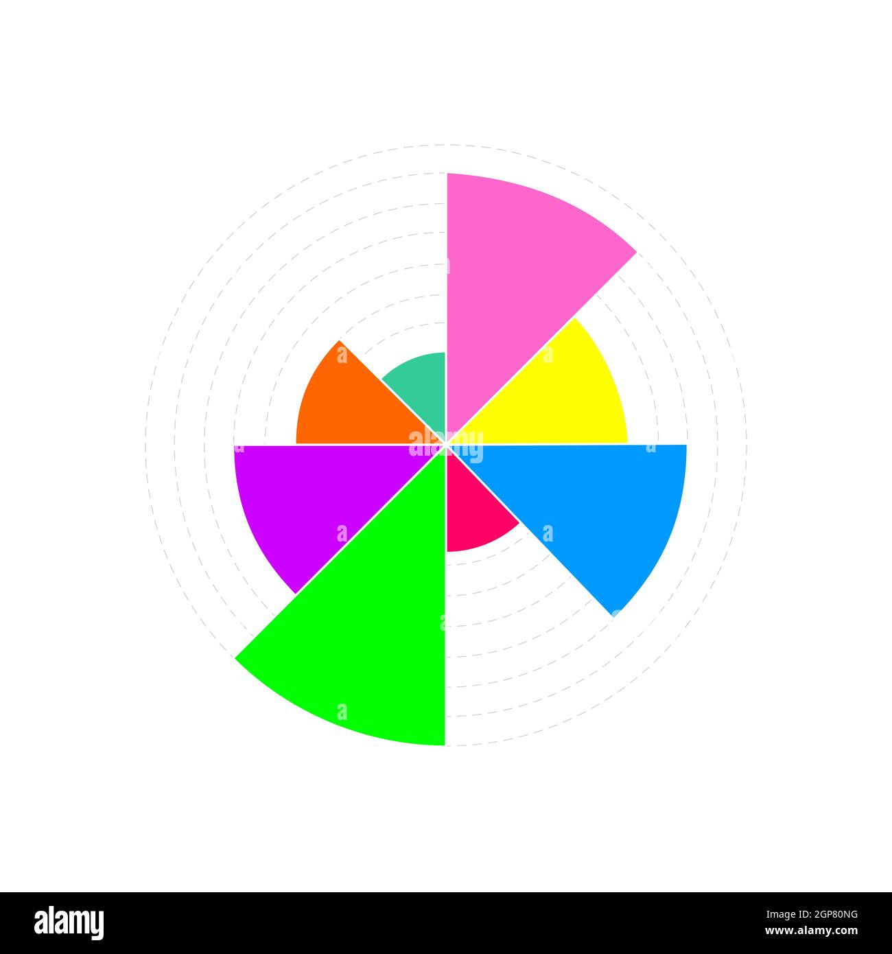 Esempio di grafico circolare. Schema delle ruote con 8 segmenti colorati di volumi diversi. Modello di visualizzazione dei dati finanziari. Layout del progetto infografico statistico. Illustrazione vettoriale. Illustrazione Vettoriale