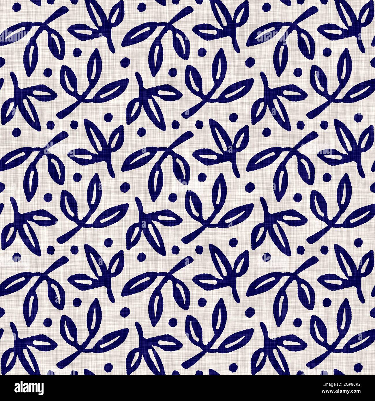 Indigo blu fogliame blocco stampa tinto lino texture sfondo. Ripetizione batik tessuto giapponese senza cuciture. Sfocatura floreale organica stressata Foto Stock