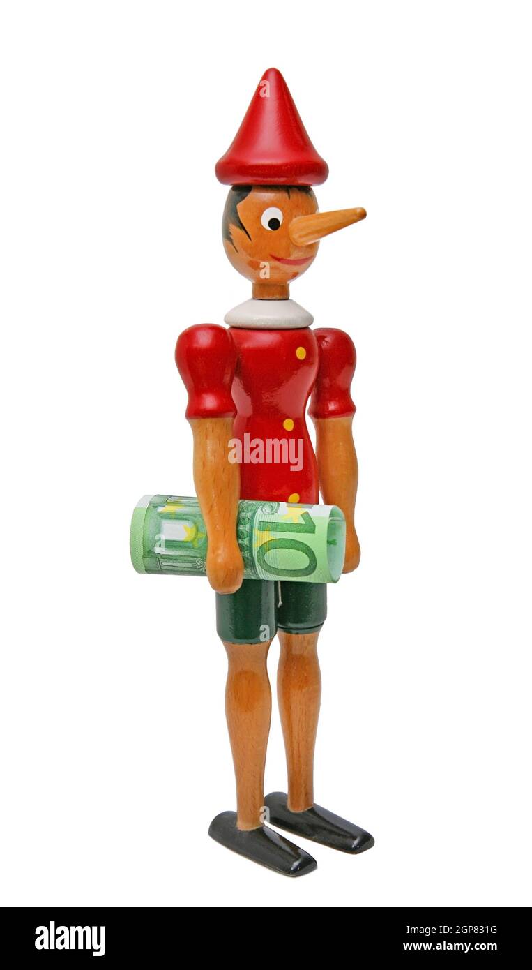 Pinocchio con 100 euro isolati su sfondo bianco Foto Stock