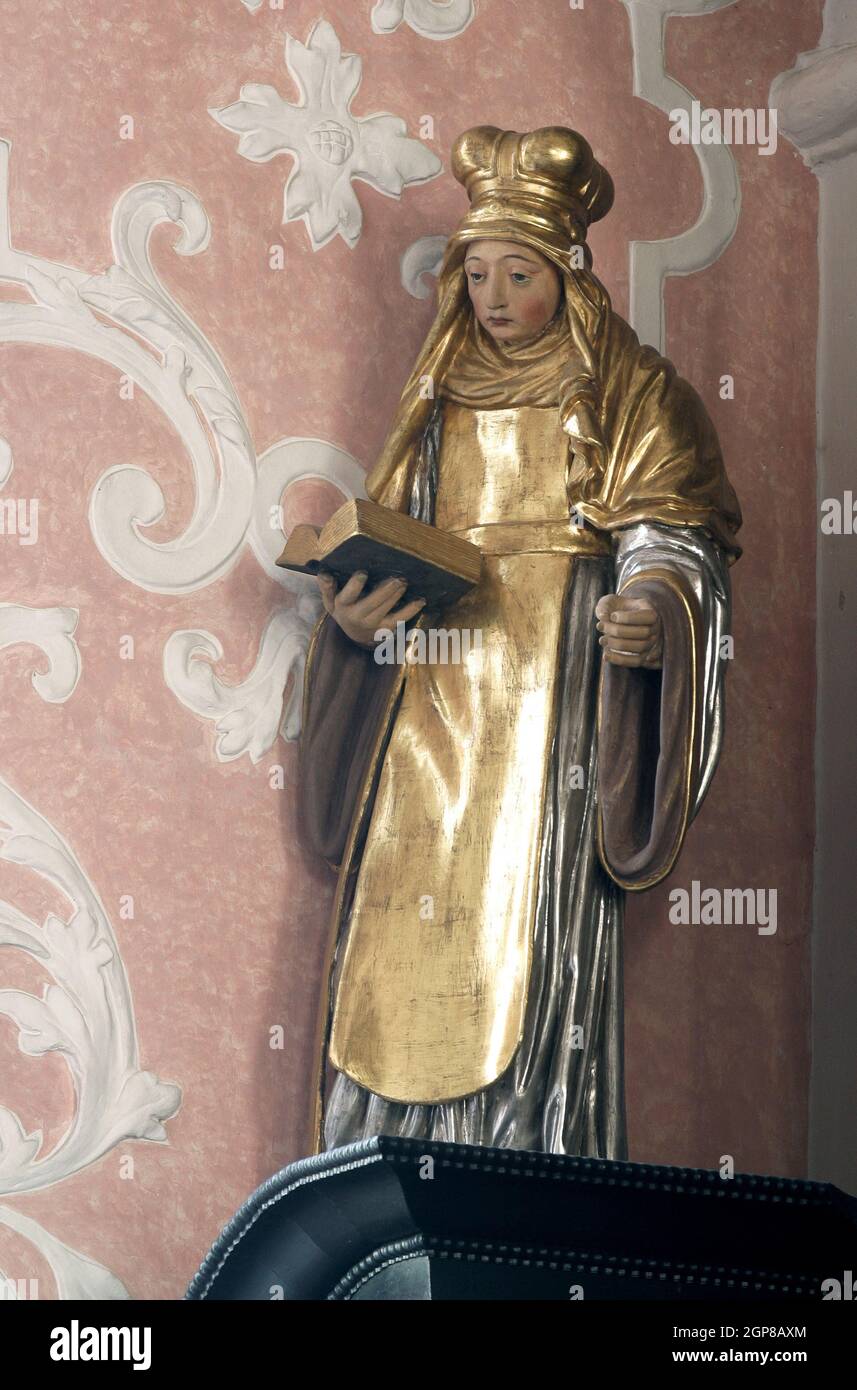 Statua di Santa Brigida di Svezia sull'altare di Santa Apollonia nella Chiesa di Santa Caterina d'Alessandria a Zagabria, Croazia Foto Stock