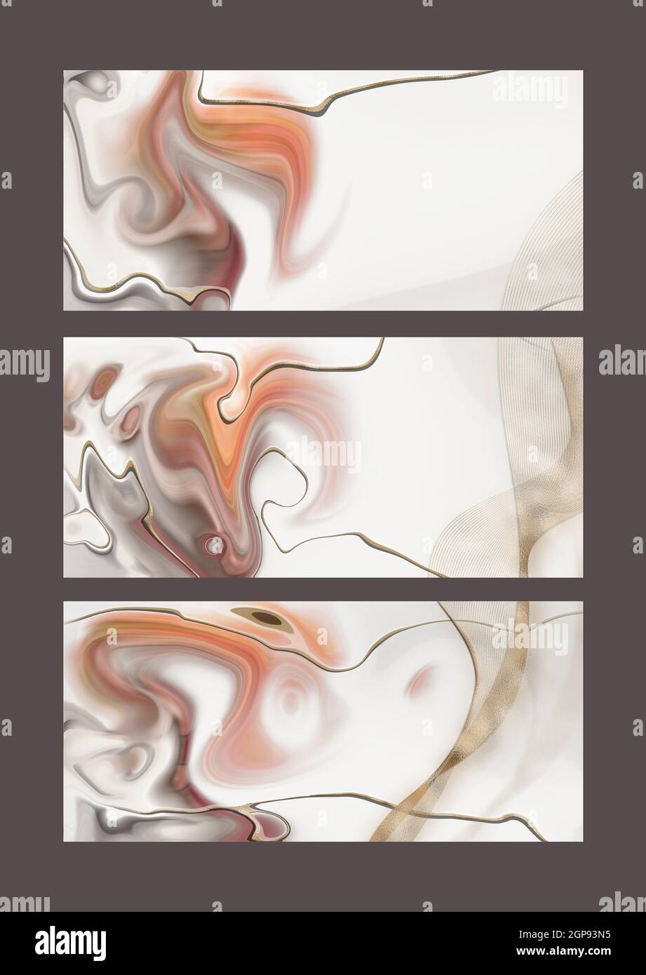 Disegno di marmo liquido pastello, struttura liquida, sfondo astratto. Set di design diverso con onde dorate. Moderno e colorato sfondo trendy in pas Foto Stock