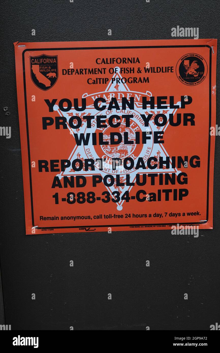 California Department of Fish and Wildlife Caltip programma segno. Segnala il numero di telefono per il poaching e l'inquinamento Foto Stock