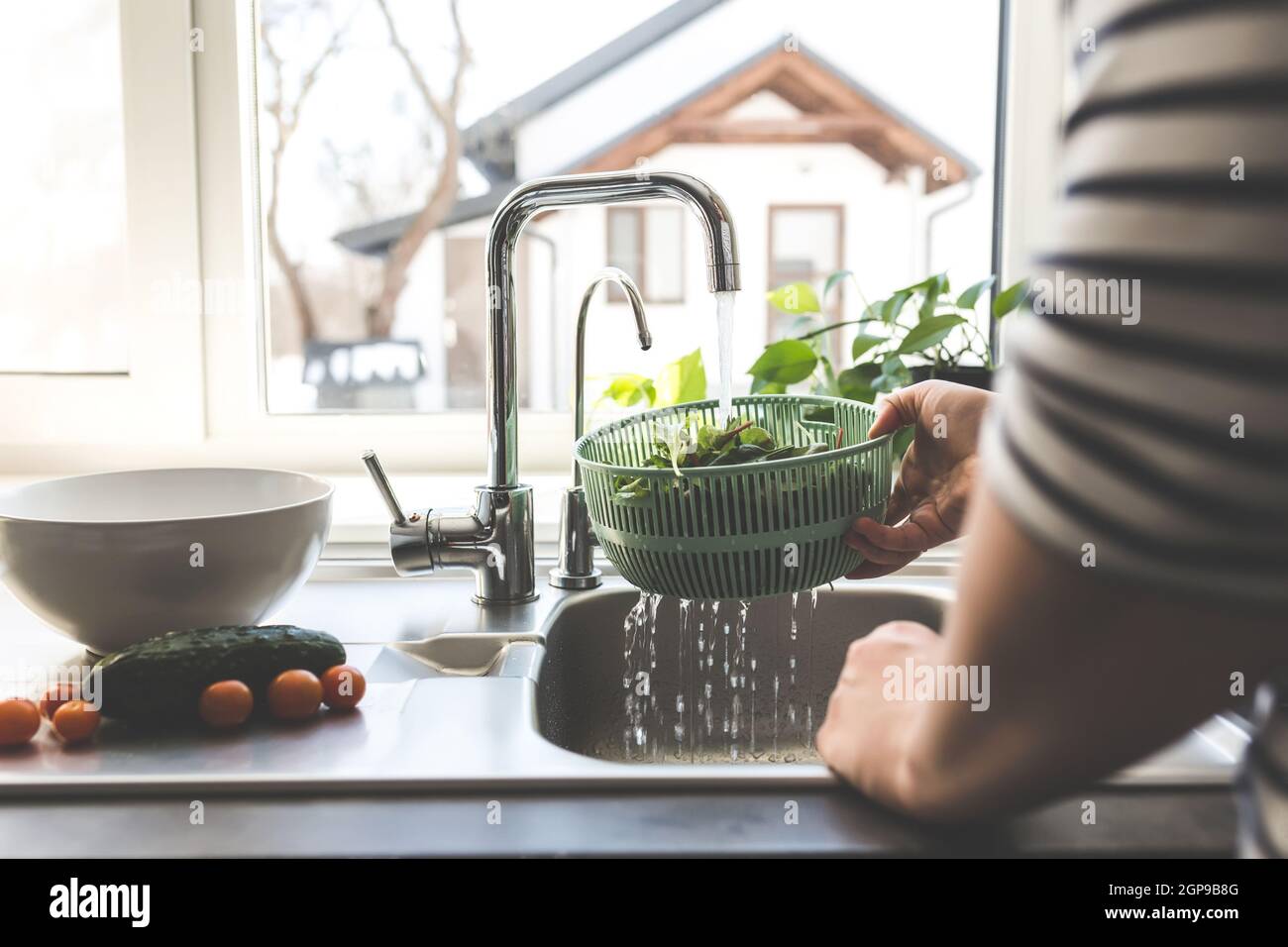 Donna che lava foglie di insalata verde per insalata in cucina in lavandino  sotto l'acqua corrente. Foto di alta qualità Foto stock - Alamy