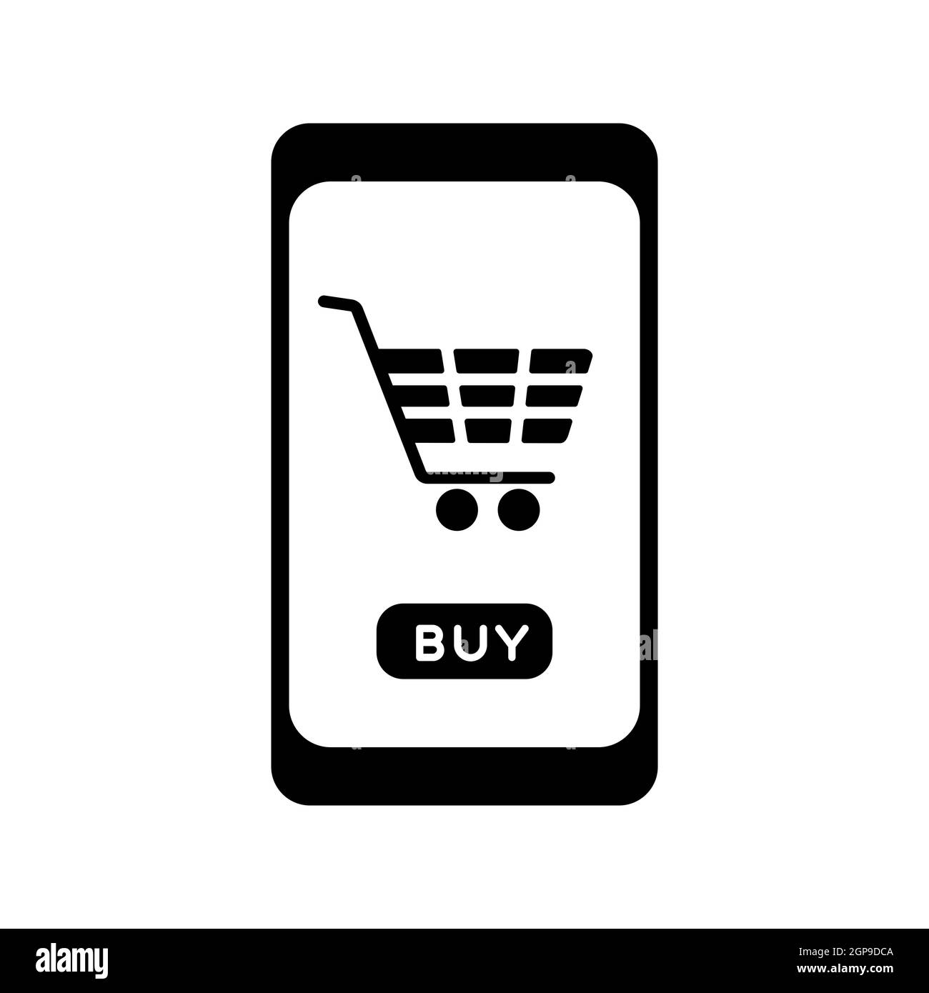 Acquisto di telefonia mobile o shopping online con carrello vettore piatto icona glyph. Firma e-commerce. Simbolo grafico per il design del sito Web, il logo, l'app, l'interfaccia utente Foto Stock