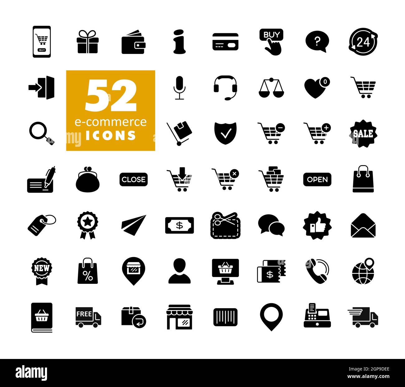 E-commerce Imposta vettore glyph icone shopping e online. Simbolo grafico per il design del sito Web, il logo, l'app, l'interfaccia utente Foto Stock