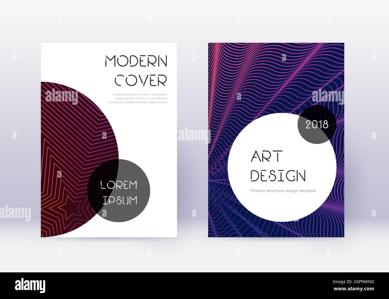 Set di modelli per cover alla moda. Linee viola astratte su sfondo scuro. Design Grand Cover. Catalogo, poster, modello di libro senza pari, ecc. Illustrazione Vettoriale