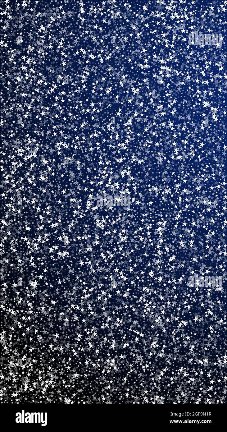 Stelle che cadono stupefacente sfondo di Natale. Sottili fiocchi di neve volanti e stelle su sfondo blu scuro. Accattivante mascherina in fiocco di neve d'argento invernale. Illustrazione verticale degna di nota. Illustrazione Vettoriale