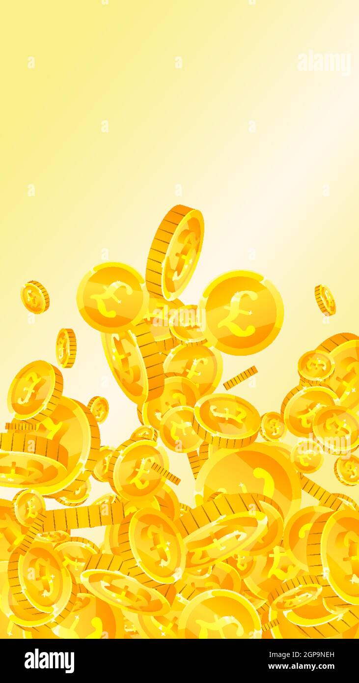 Le monete della sterlina britannica cadono. Monete in sterline sparse piacevoli. Regno Unito denaro. Jackpot piacevole, ricchezza o concetto di successo. Illustrazione vettoriale. Illustrazione Vettoriale