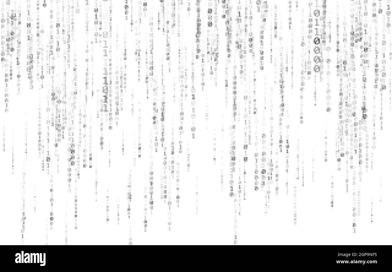 Codice binario su sfondo bianco. Trama della matrice con numeri in discesa. Flusso di dati astratto. Cifre a caduta casuale su sfondo chiaro. Vettore Illustrazione Vettoriale