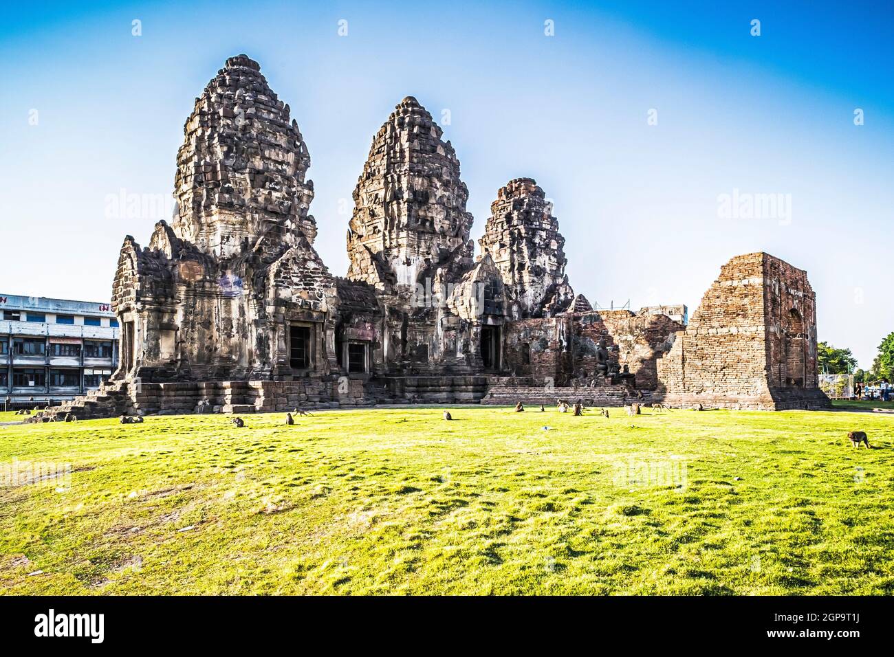 Phra Prang Sam Yod storico spot turistici nella città vecchia . Le scimmie vive con le rovine in Lopburi, Thailandia. Gli edifici religiosi costruiti mediante l'ancien Foto Stock