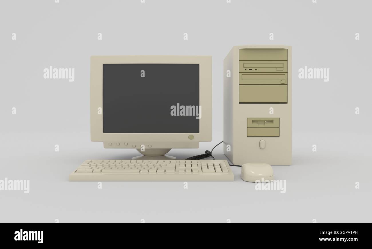 Vecchio computer desktop vintage. Questa è un'illustrazione di rendering 3D del PC Foto Stock