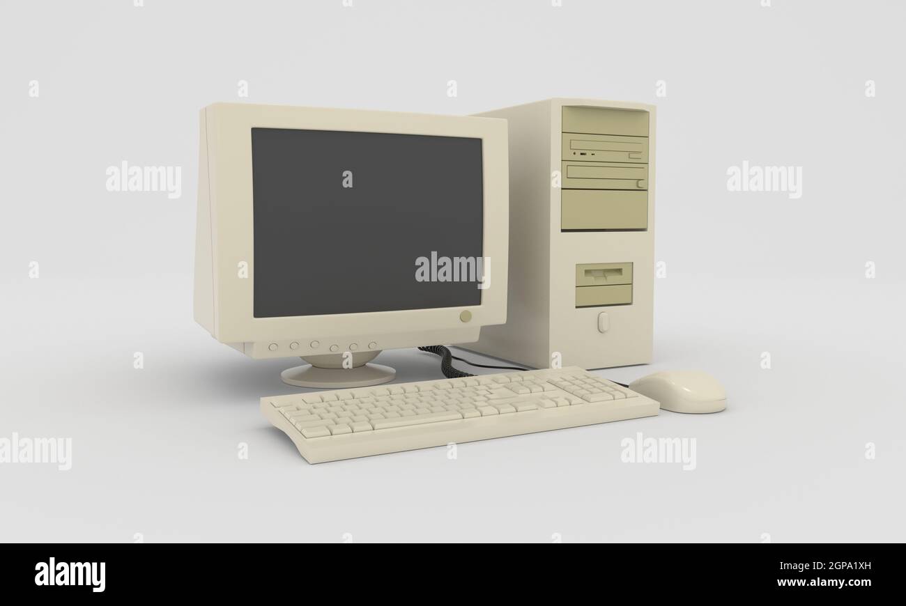 Vecchio computer desktop vintage. Questa è un'illustrazione di rendering 3D del PC Foto Stock