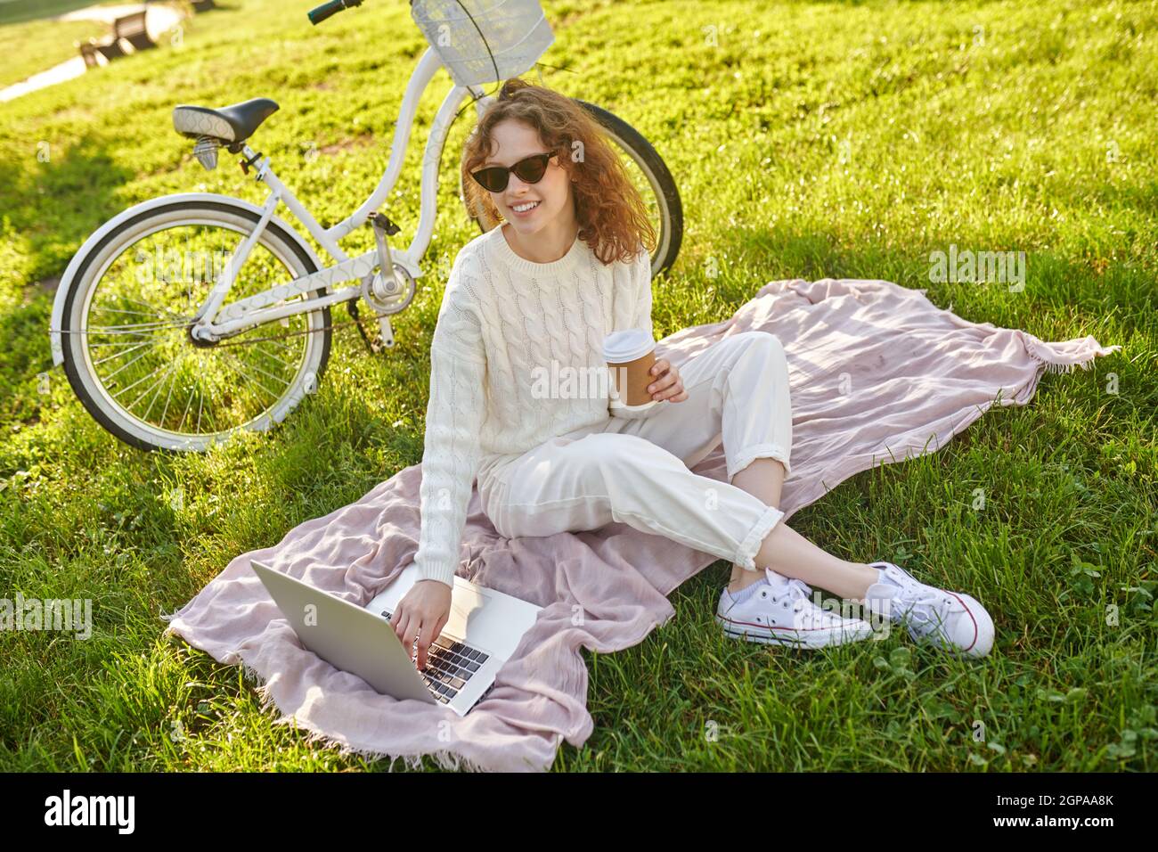Una ragazza seduta sull'erba nel parco e che lavora su un computer portatile Foto Stock