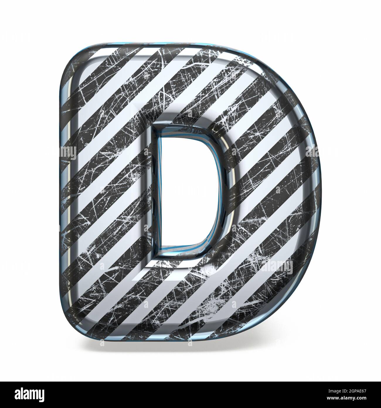 Illustrazione del rendering Letter D 3D con caratteri graffiati neri in acciaio striato isolato su sfondo bianco Foto Stock