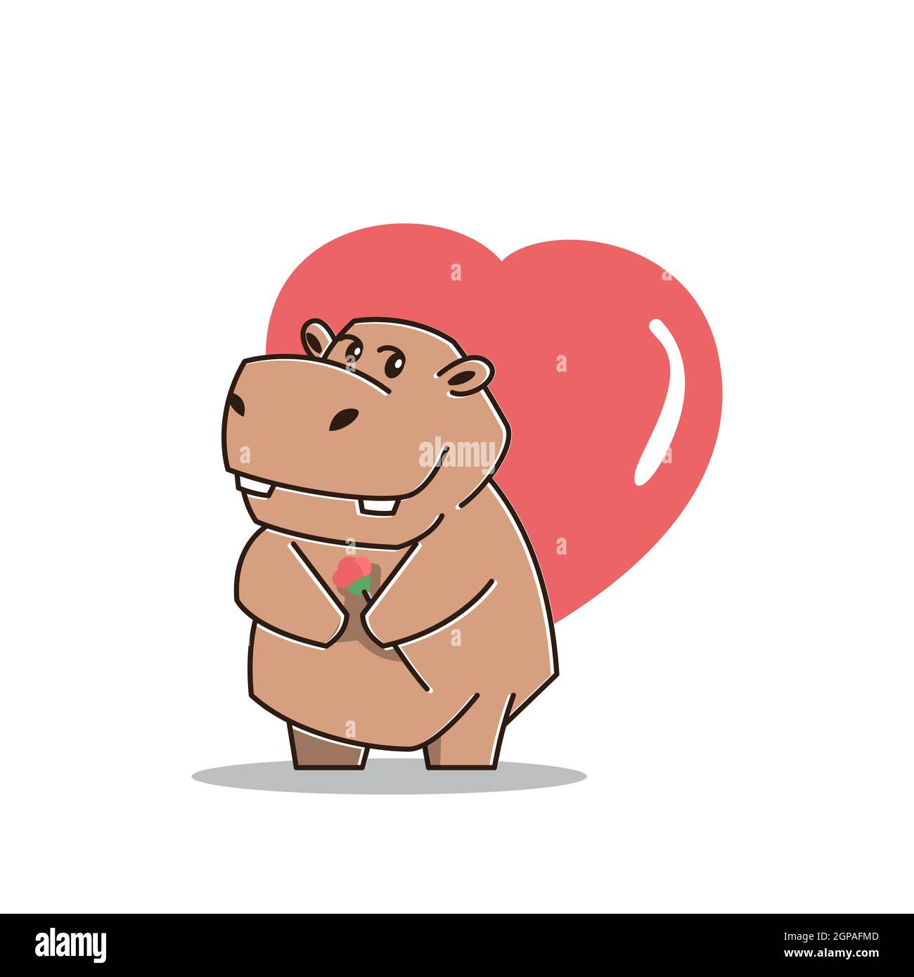 Cute Big Hippo Ippopotamus in Love Heart Flower Mascot personaggio Cartoon Illustrazione Vettoriale