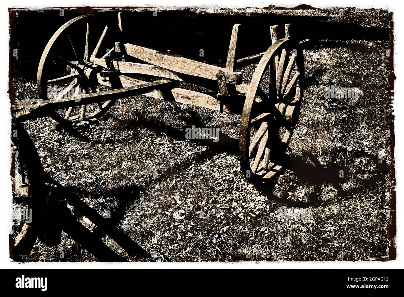 Un'illustrazione seppia di un carrello di legno a due ruote al Mabry Mill sulla Blue Ridge Parkway in Virginia. Foto Stock