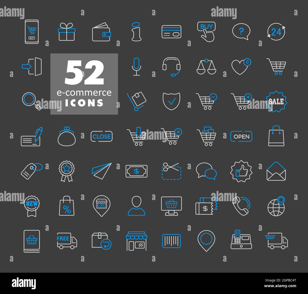 E-commerce Imposta icone vettoriali shopping e online. Simbolo grafico per il design del sito Web, il logo, l'app, l'interfaccia utente Foto Stock