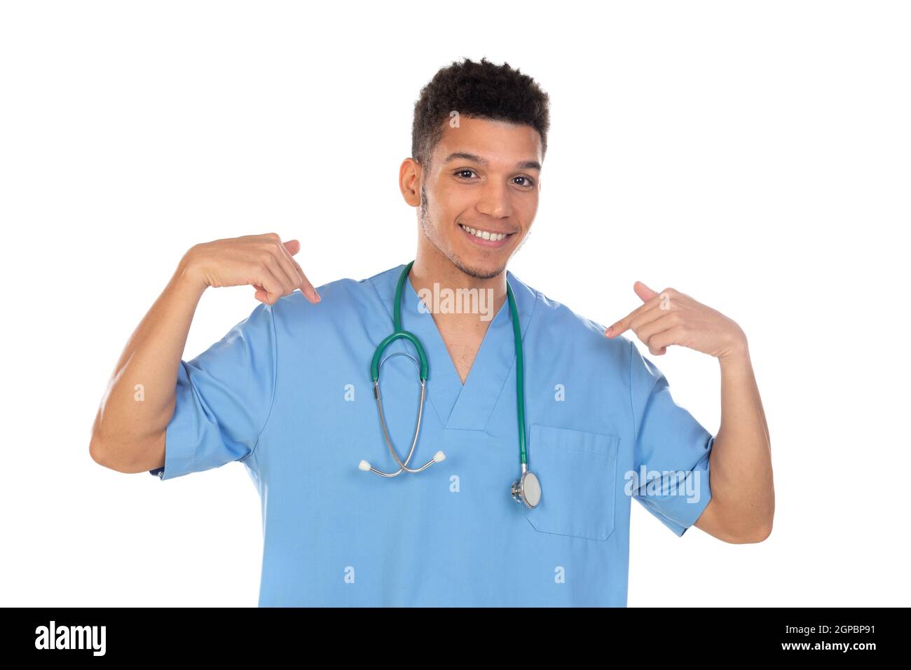 Giovane doc africana con uniforme blu isolata su un bianco sfondo Foto Stock