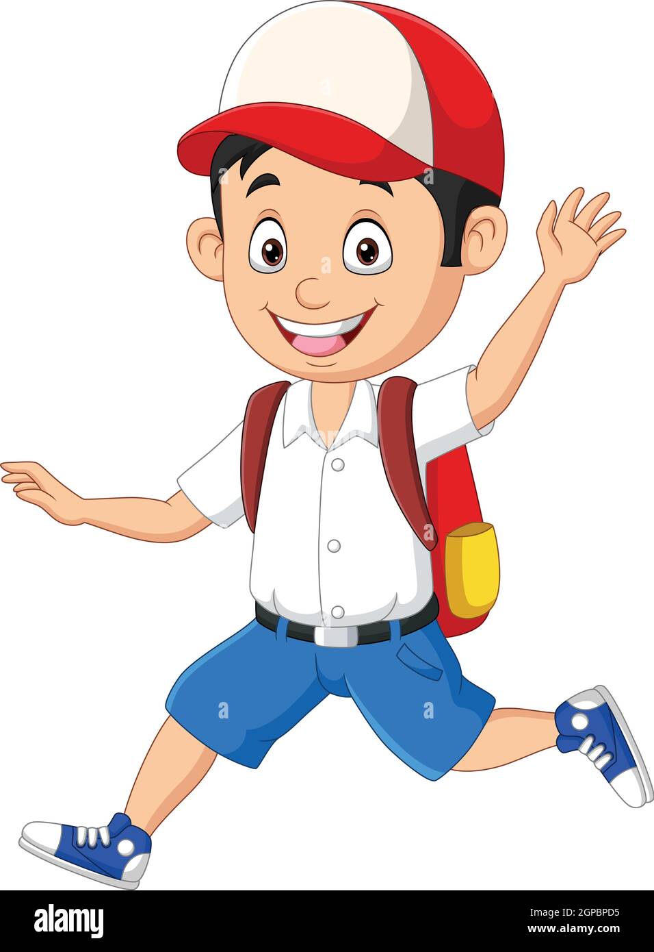 Cartone animato ragazzo felice scuola in uniforme corsa Illustrazione Vettoriale