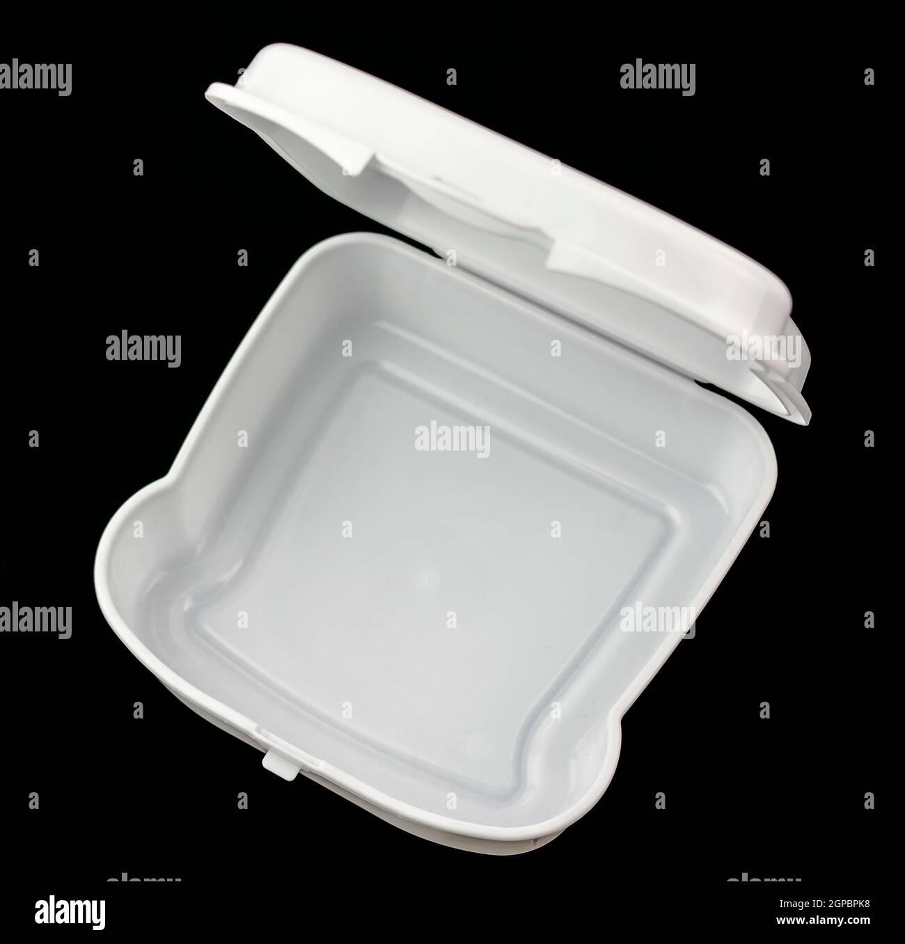 Scatola a sandwich per il trasporto di spuntini per bambini con igiene e sicurezza, in plastica leggera o PVC, bianca su fondo nero Foto Stock