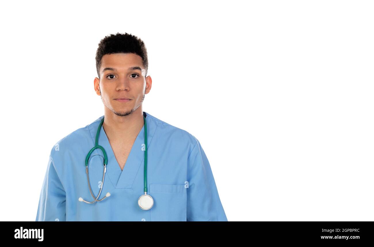 Giovane doc africana con uniforme blu isolata su un bianco sfondo Foto Stock
