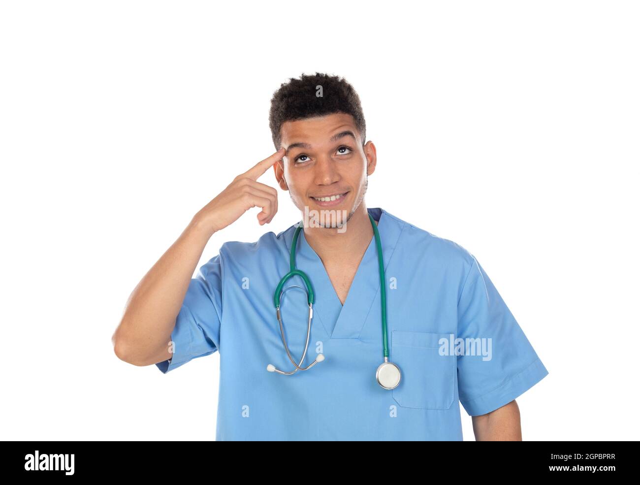 Giovane doc africana con uniforme blu isolata su un bianco sfondo Foto Stock