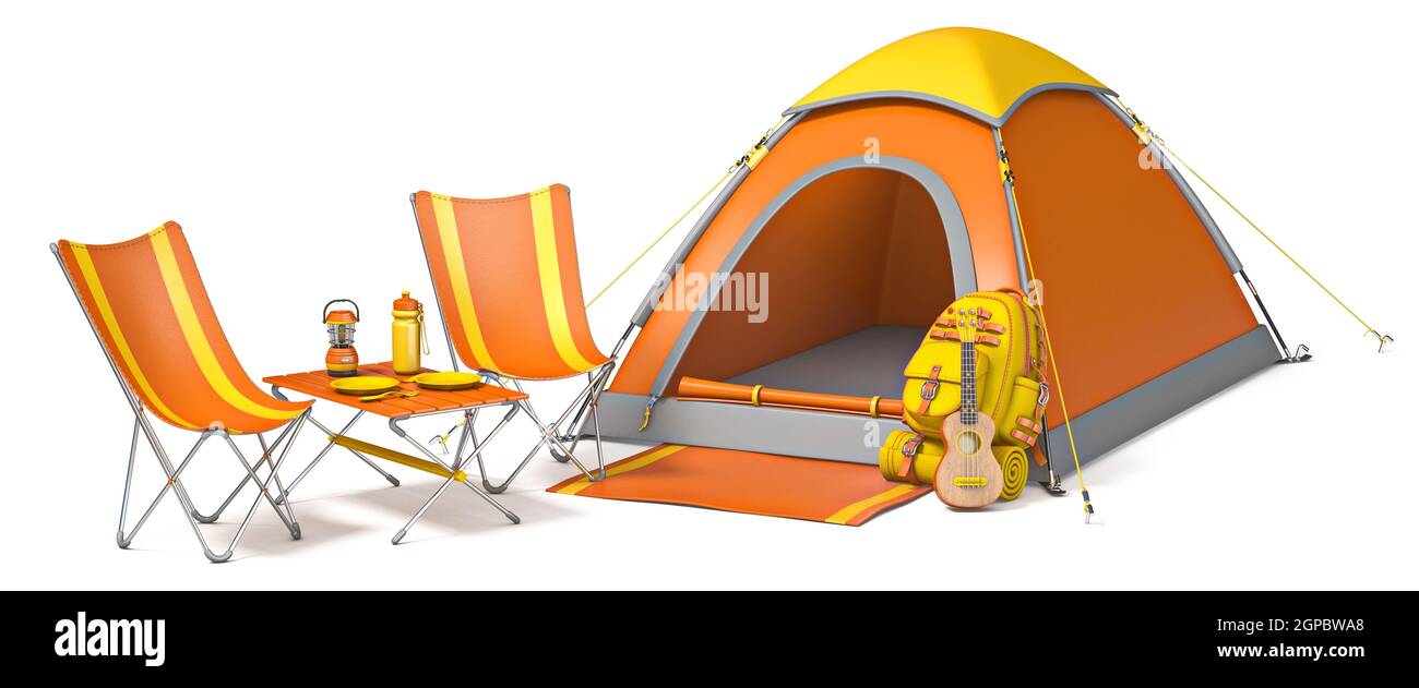 Picnic e campeggio con sedie 3D rendere illustrazione isolato su sfondo bianco Foto Stock