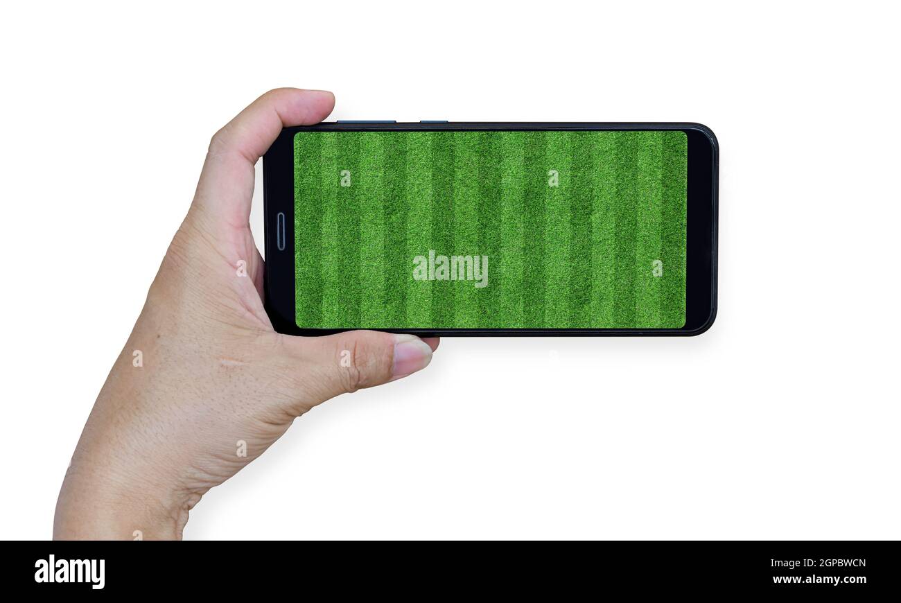 telefono cellulare portatile con campo da calcio o calcio isolato su sfondo bianco. Foto Stock