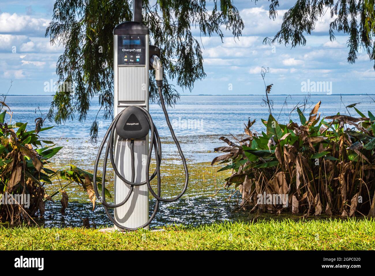 Stazione di ricarica per veicoli elettrici ChargePoint lungo il lago Apopka a Newton Park in Winter Garden, Florida. (USA) Foto Stock