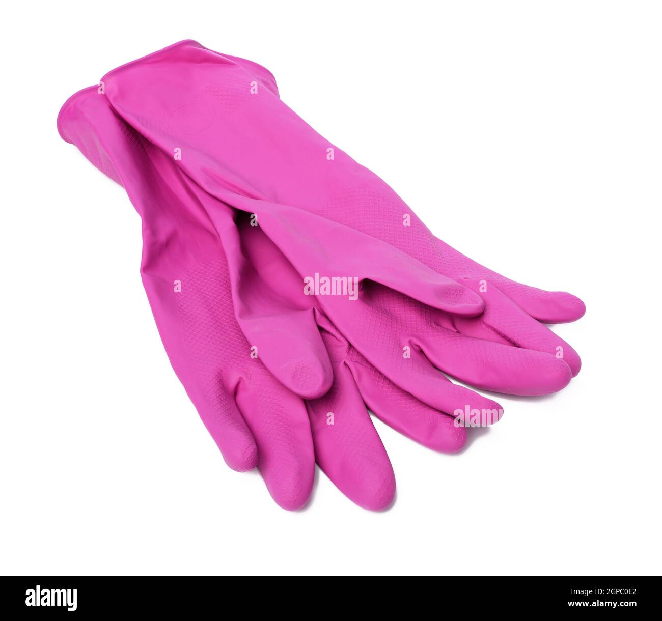 coppia di guanti di gomma rosa protettivi per la pulizia su sfondo bianco,  vista dall'alto Foto stock - Alamy