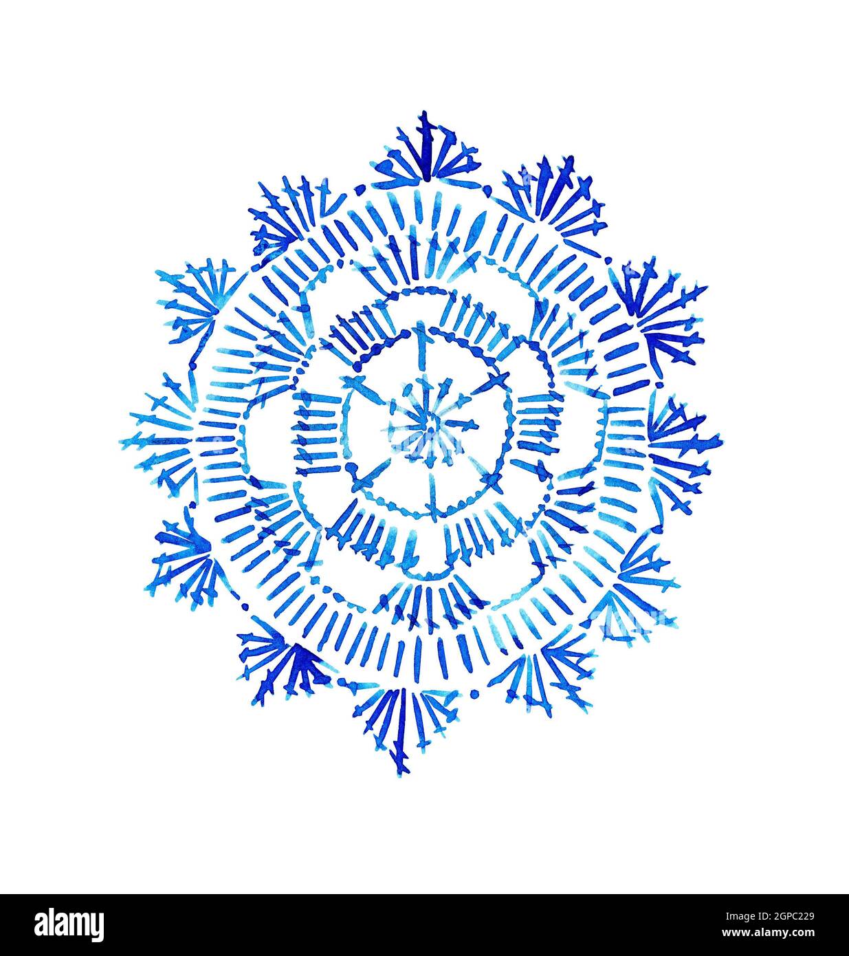 Acquerello illustrazione uncinetto blu doily. Artigianato, creatività, artigianato per tappezzeria, confezionamento, involucro, copertina, tessuto di fondo. ISO Foto Stock