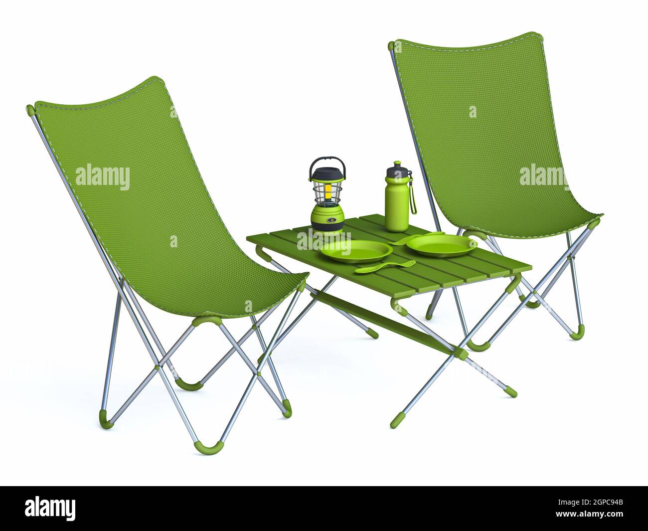 Tavolo da campeggio pieghevole verde e sedie 3D rendere l'illustrazione isolata su sfondo bianco Foto Stock