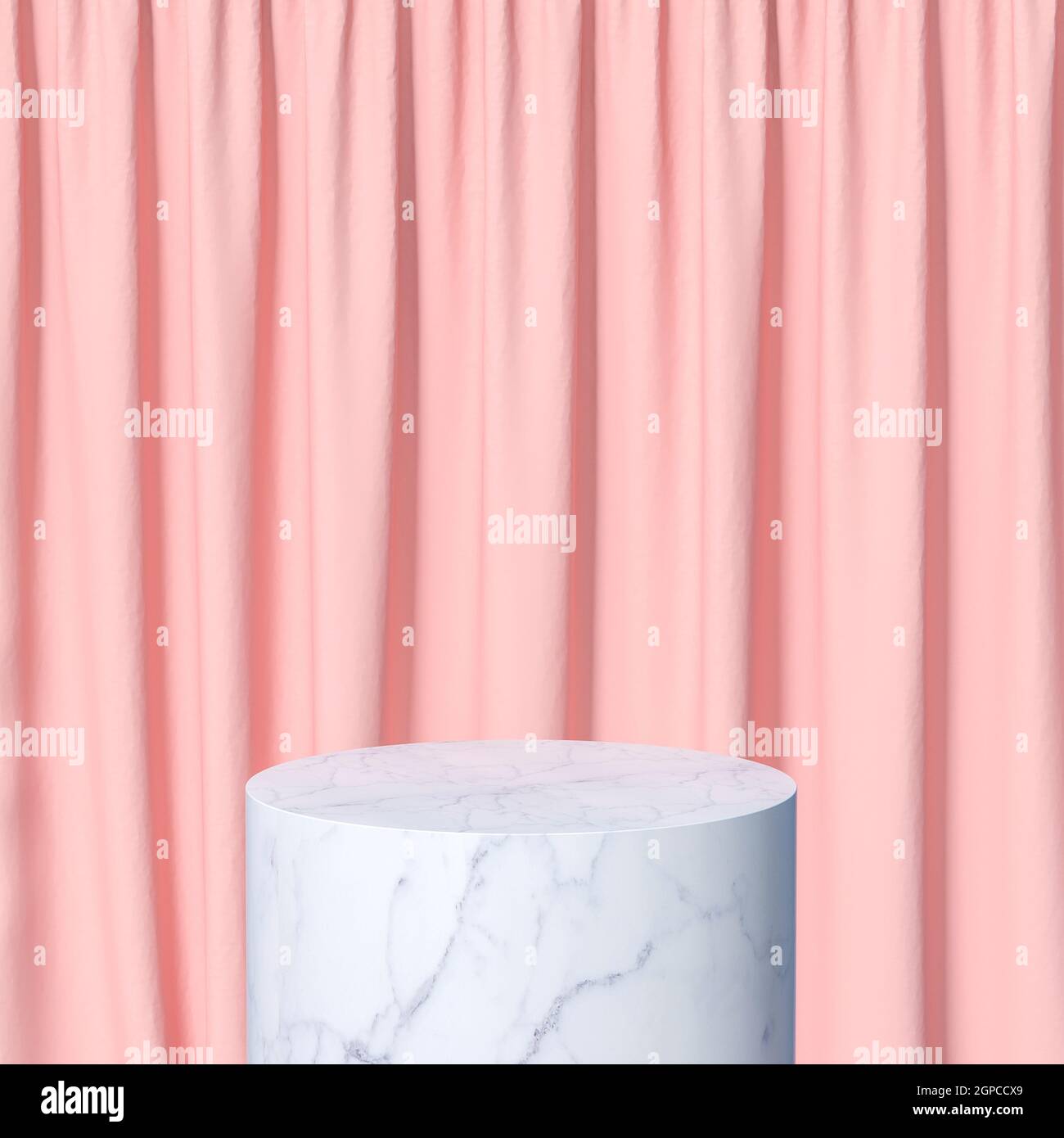 podio cilindrico in marmo bianco e tende rosa. rendering 3d. Foto Stock