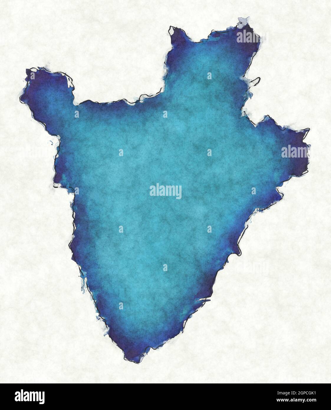 Mappa del Burundi con linee tracciate e illustrazione blu dell'acquerello Foto Stock