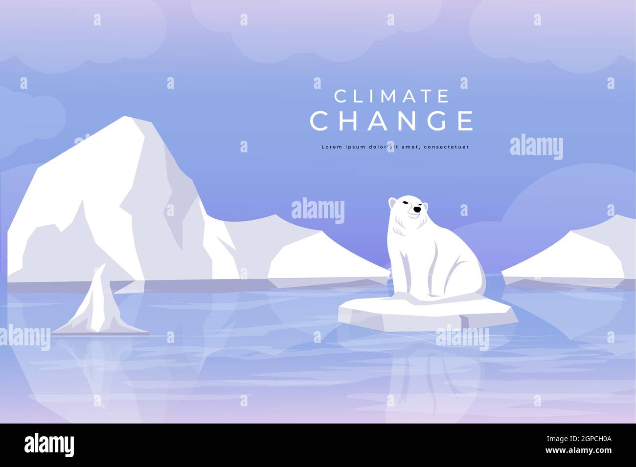 disegno vettoriale del cambiamento climatico, illustrazione del riscaldamento globale con i ghiacciai in fusione e orso polare intrappolato su frammenti di ghiacciai Illustrazione Vettoriale