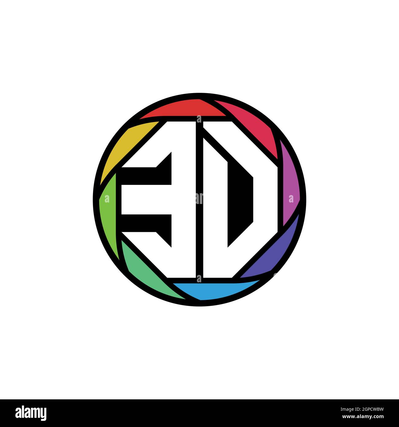 Logo ed Monogram lettera lente poligonale geometrica arcobaleno, cerchio geometrico forma arrotondata stile Illustrazione Vettoriale
