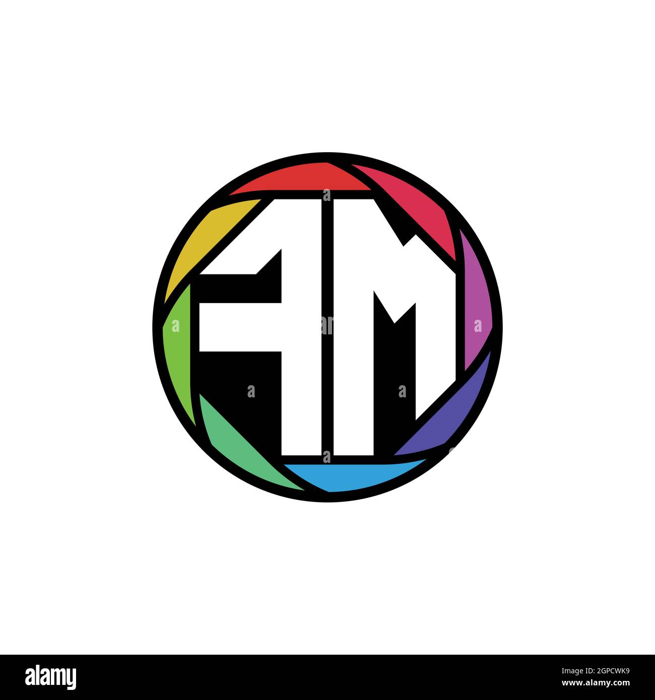 Logo FM Monogram lettera lente poligonale geometrica arcobaleno, cerchio geometrico forma arrotondata stile Illustrazione Vettoriale