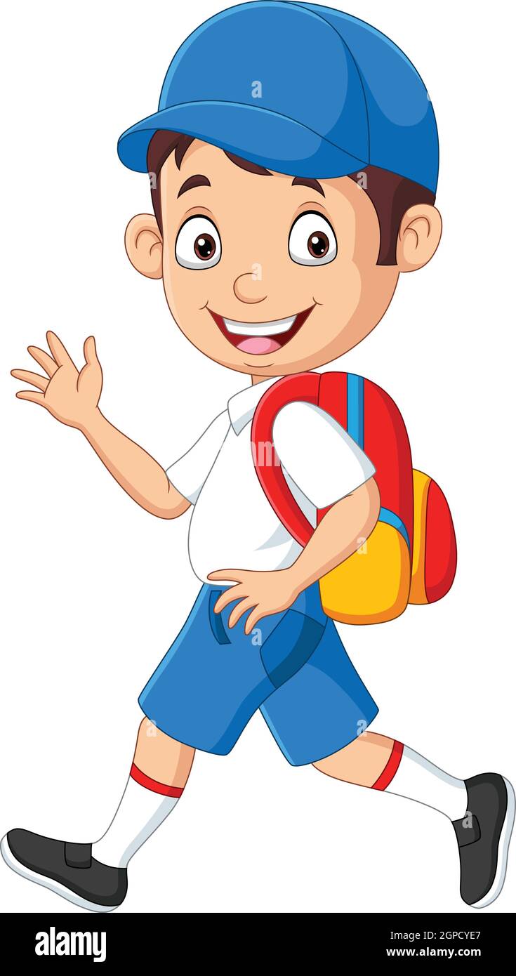 Cartone animato ragazzo felice scuola in uniforme ondeggiante mano Illustrazione Vettoriale
