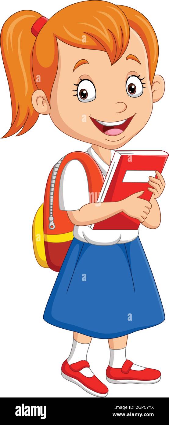 Cartoon School girl in uniforme con libro e zaino Illustrazione Vettoriale