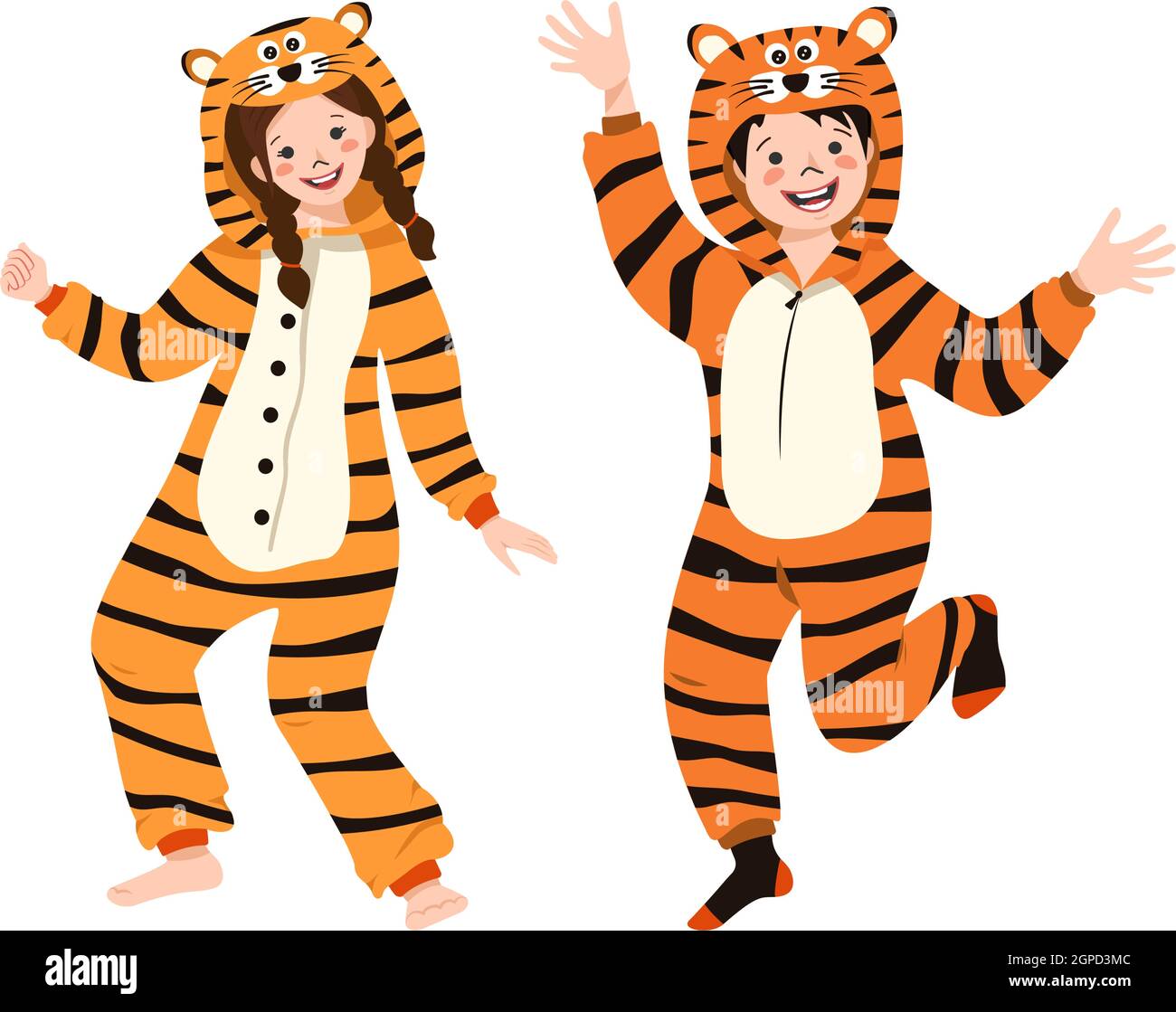 Ragazza e ragazzo in costume di carnevale arancione della tigre. Bambini  pajama party. Bambini in tute o kigurumi, abbigliamento festivo per  Capodanno, Natale o vacanza Immagine e Vettoriale - Alamy